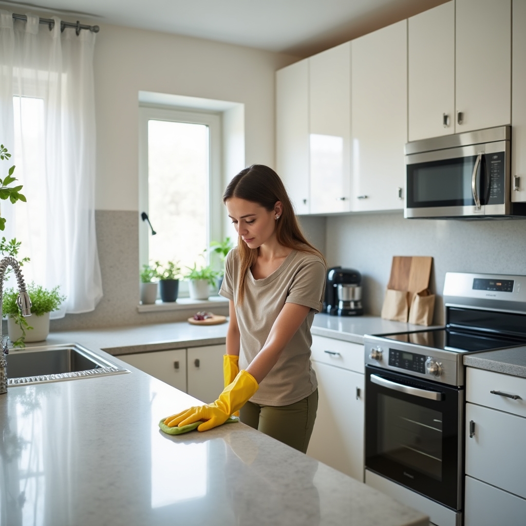 Bucătărie curățată și pregătită pentru fotografiere imobiliară