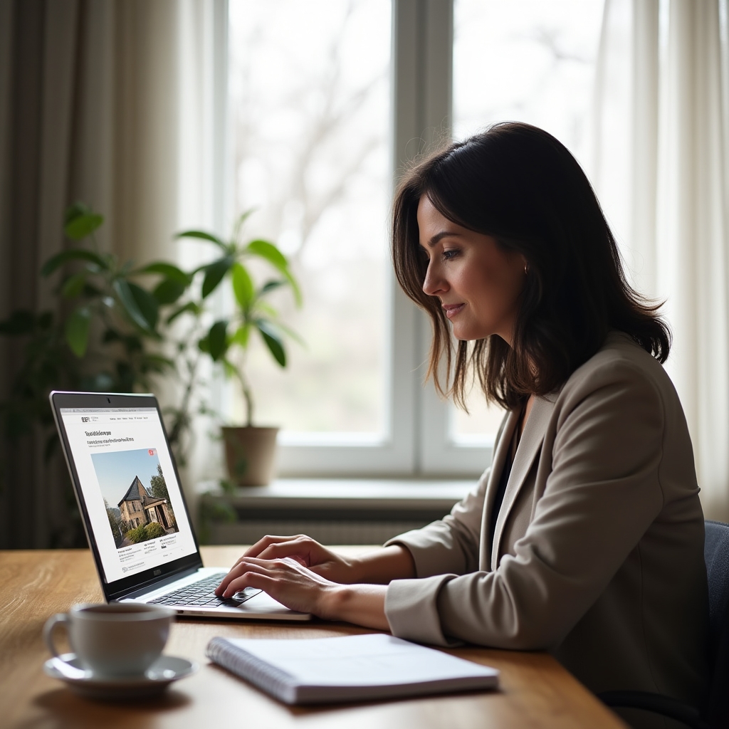 Proprietar scriind anunț imobiliar pe laptop la birou